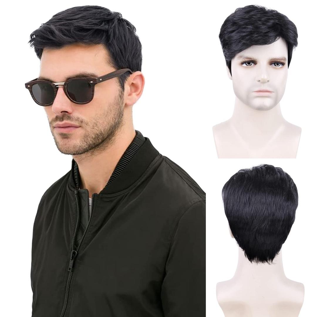 Creamily Mens Short Black Curly Wig, Realistic Synthetic Hair for Boys and Men, Halloween Costume, Cosplay, Daily Wear