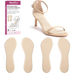 High Heel Cushion Inserts for Women - (2 Pairs) Welnove 3/4 Invisible Insoles Prevent Feet from Sliding Forward - Shock Absorption - Comfort Shoe Pads for High Heels Sandals Flats,Beige, Size S