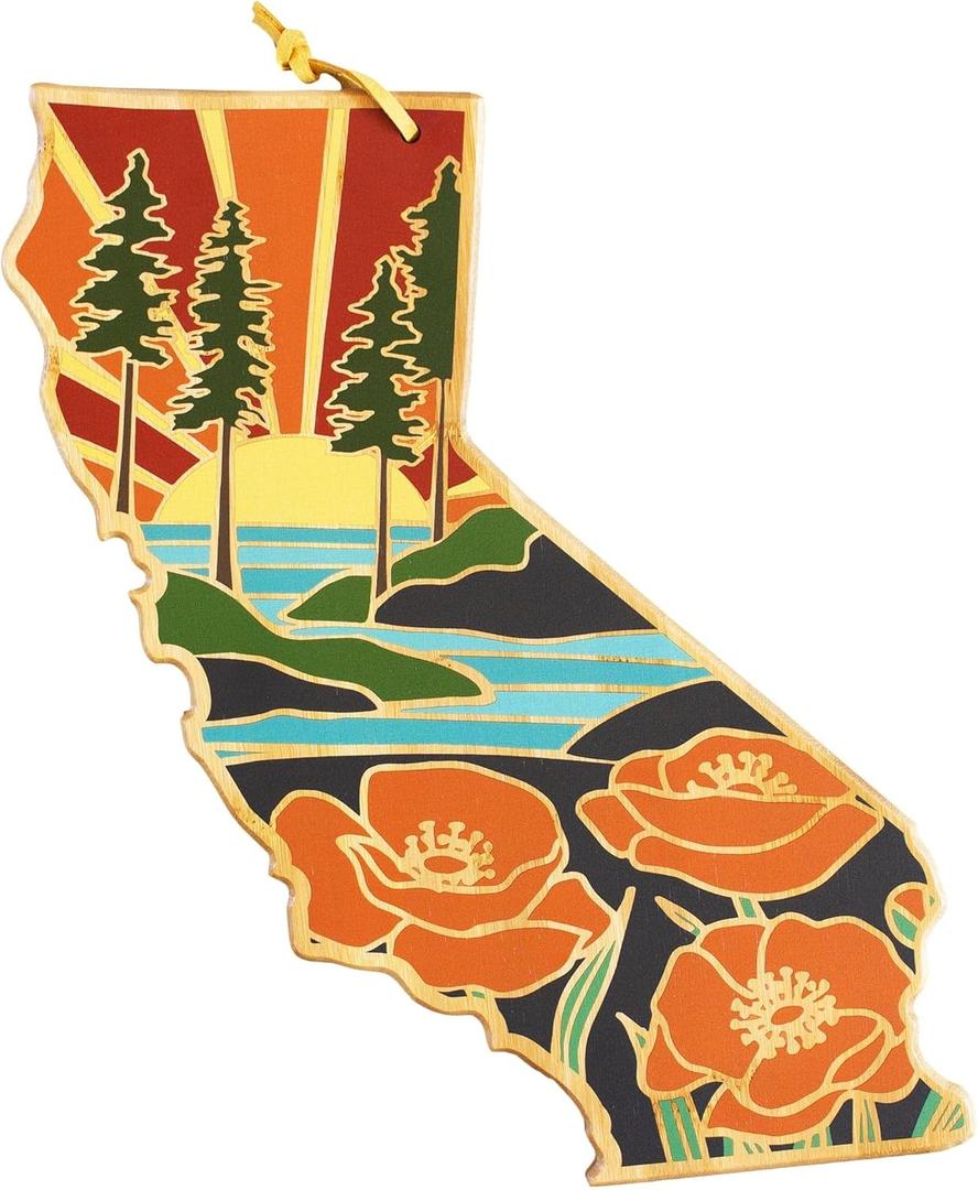 Totally Bamboo California State Shaped Cutting Board and Charcuterie Serving Platter with Artwork by Summer Stokes, Includes Hang Tie for Wall Display 11" x 14-1/4" x 5/8"