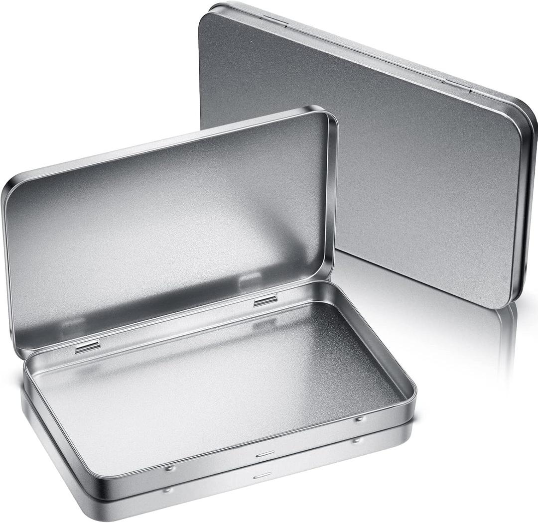 Geiserailie 2 Pack Rectangular Metal Tin Box with Lid Metal Hinged Lid Tin Empty Box Container Storage for Watercolor Jewelry Pen Eraser Pill Candy Craft Organize 7.0 x 4.2 x 0.6'' (Sliver)