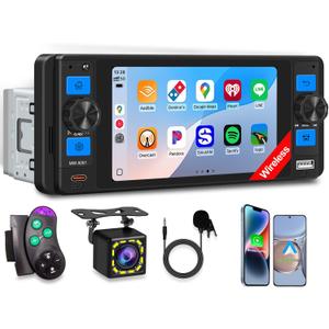 Single Din Car Stereo with Wireless Apple CarPlay, Car Radio with 5" IPS Touchscreen, Car Bluetooth 5.2, Android Auto, Car Backup Camera, GPS, USB & Type-C, FM/AM/RDS, Car Play Stereo for Truck Mp5