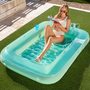 SLOOSH Inflatable Tanning Pool Lounger Float, 70" x 46" Pool Floats Adult with Pillow, 4 in 1 Suntan Tub Raft Floatie,Sunbathing Bed Lounge for Water Blow Up Kids Ball Pit Party Gifts, L-Cyan