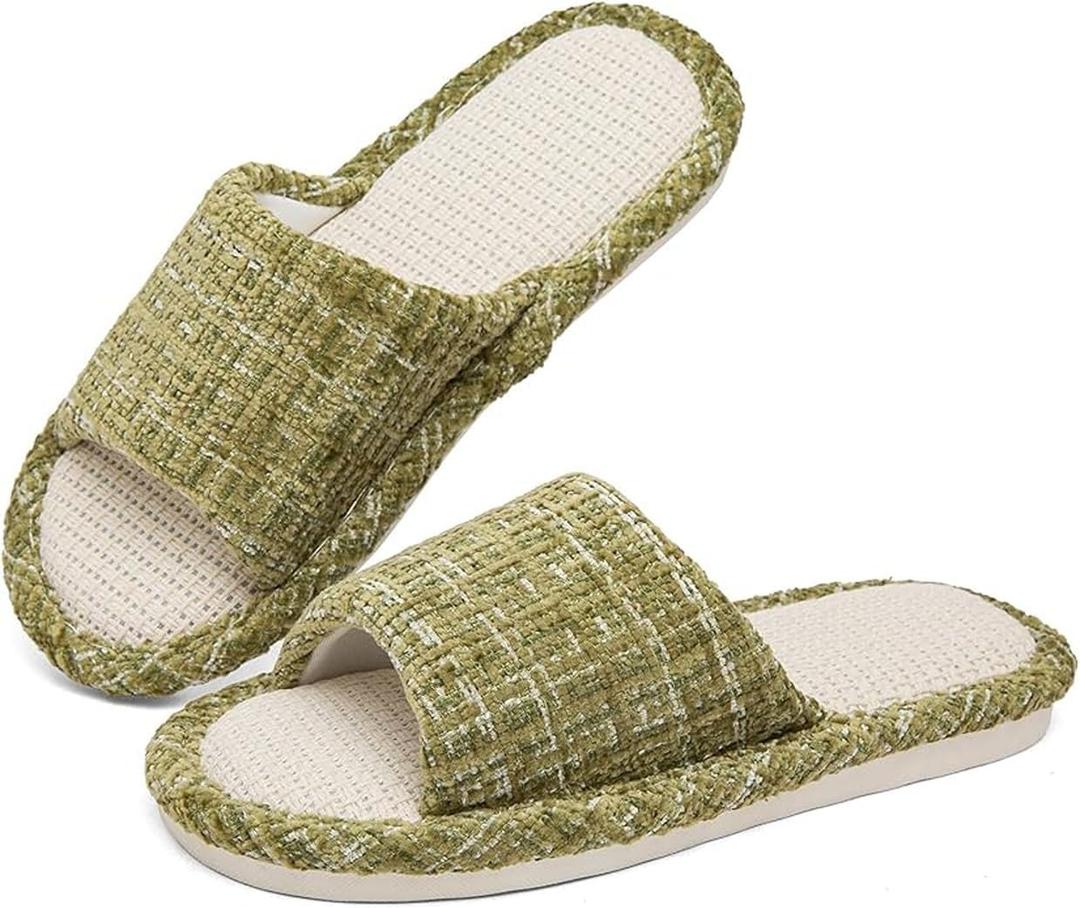 2 x Womens Slippers, Linen Flax House Slippers for Women Men Unisex, Cute Soft Open Toe Summer Bedroom Slides House Shoes Indoor Outdoor Shower Drys fast (Green)