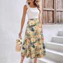 POPZONE Women Floral Midi Skirt Flowy Casual Swing Flowy A-Line Pockets Trendy Soft Flattering Skirt for Dressy Casual Floral-07 L