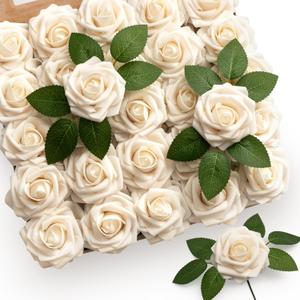 Mocoosy 50Pcs Rose Artificial Flowers, Cream White Fake Roses for Decoration, Real Touch Beige Foam Rose Bulk with Stem DIY Wedding Bouquet Bridal Shower Valentine's Day Floral Arrangement Table Decor
