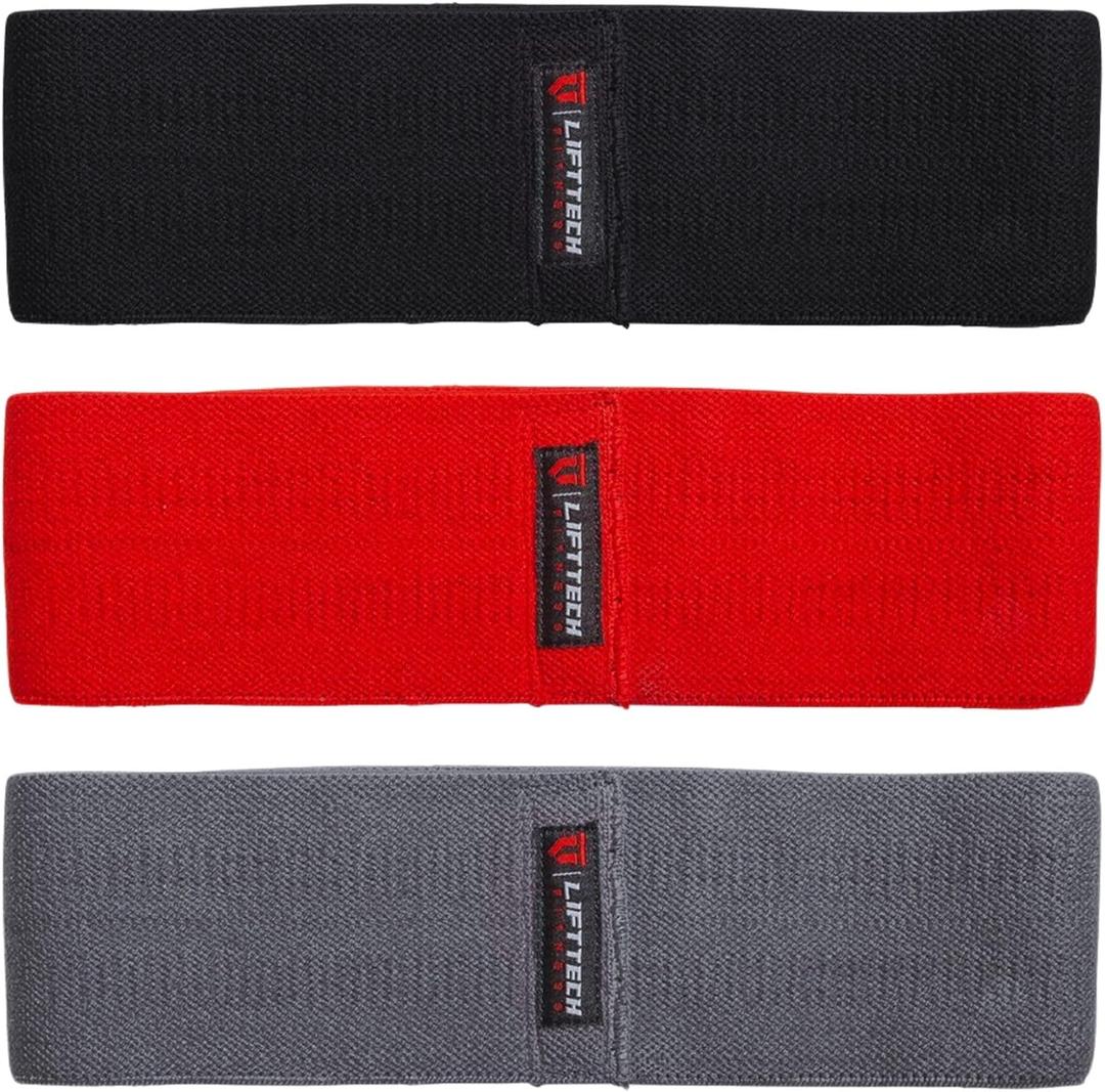 Lift Tech Fitness Fabric Resistance Bands for Working Out, Set of 3 - Loop Bands for Exercise and Fitness - Workout Bands for Women and Men - Fabric Resistance Band Set of 3 - Black, Gray and Red