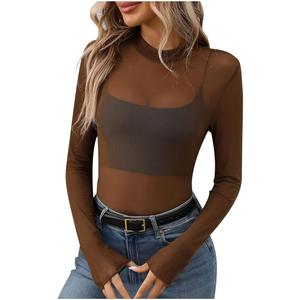 Mesh Top for Women Long Sleeve See Through Shirt Mock Neck Sheer Blouse Clubwear Party, Medium