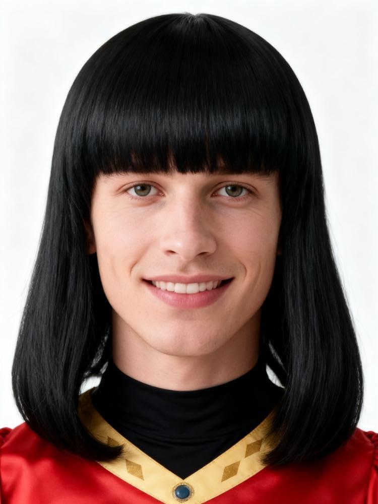 Men's Medium-Short Black Bob Wig Halloween Character Costume Wig(Black/Medium/bobo)