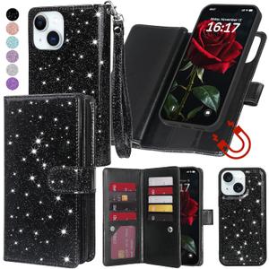 Varikke for iPhone 15 Plus Wallet Case Detachable with Card Holder for Women, Fashion Glitter PU Leather Strap Strong Magnetic Flip Wallet Removable Phone Case Cover for iPhone 15 Plus 6.7", Black