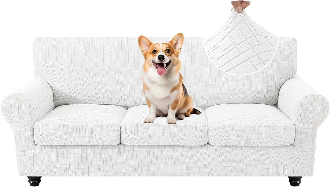 4 Piece Stretch Sofa Covers for 3 Cushion Couch, Non Slip Couch Covers for Sofa, Pet Couch Cover Washable, Couch Slipcover for Dogs, Kids (Off-White), 91"-110" (3 Cushion XL Sofa)