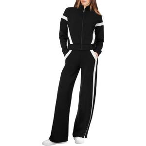 XIEERDUO Lounge Sets for Women 2025 Sweatsuit 2 Piece Outfits Sweatshirt Wide Leg Sweatpant Tracksuit Matching Set (X-Large, Black+white)