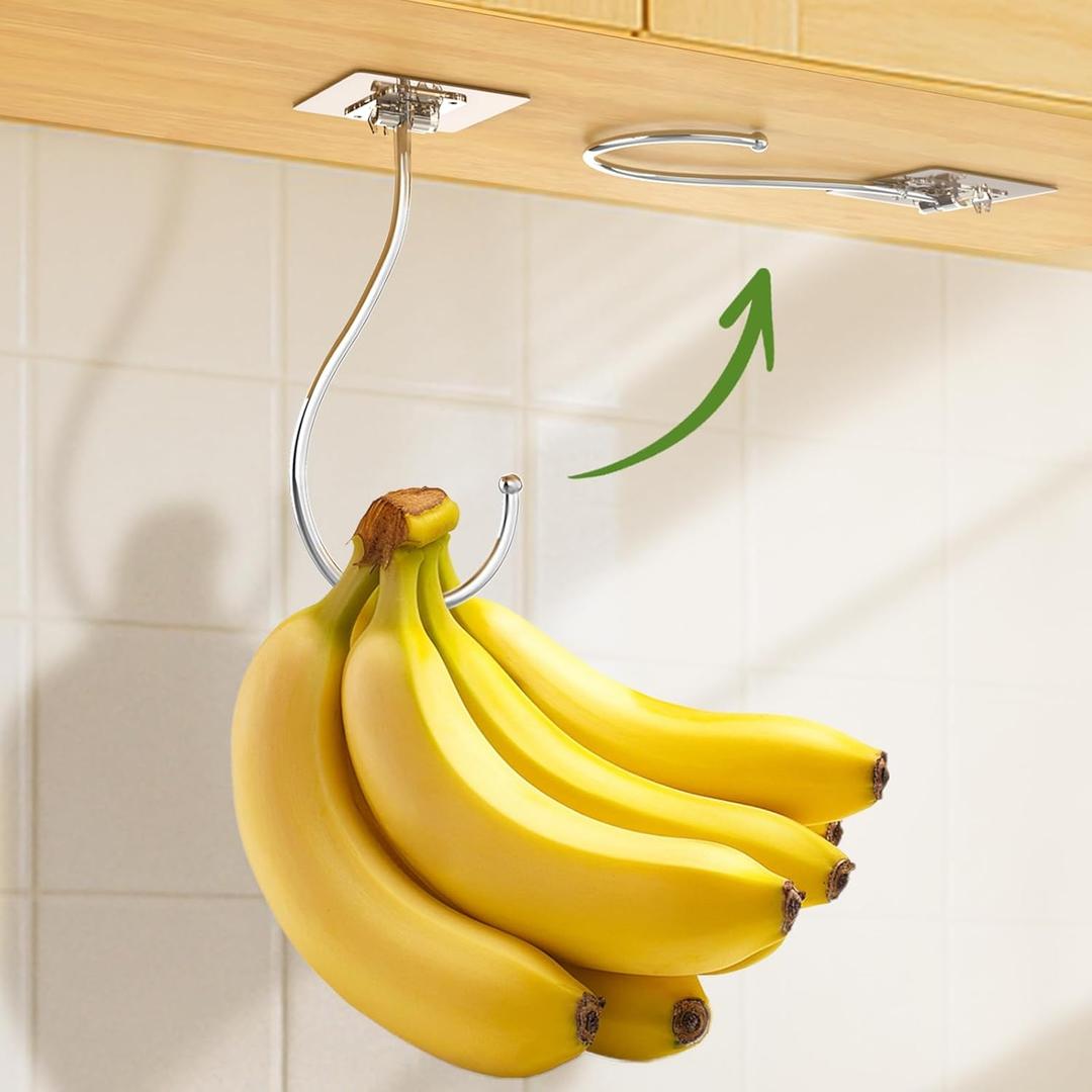 Banana Hook for Hanging Heavy-Duty 15Ib(Max) 2 Pack, Folding Banana Hanger Under Cabinet, Banana Holder Self Adhesive Traceless Clear for Keep Fresh & Kitchen Space Saving-16cm