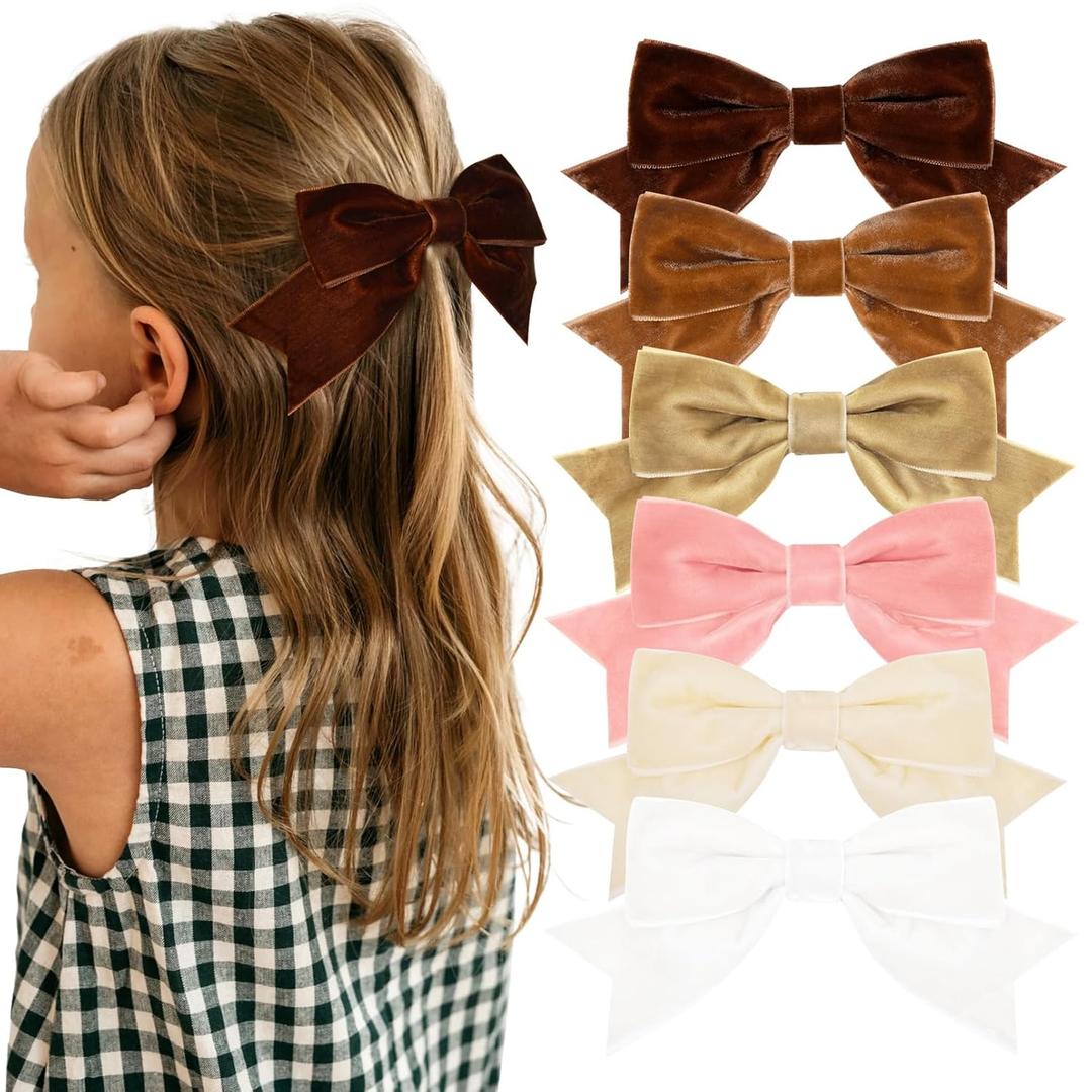 6PCS Velvet Hair Bows Hair Ribbon Clips Big Fall Alligator Clips Hair Accessories for Women Girls Toddlers Kids Baby (White, Beige, Hot pink, Brown, Coffee-colored, Dark brown)