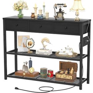 Ecopriso 47'' Entryway Table with Outlets and USB Ports, Console Table with 3 Drawers, Sofa Table Narrow Long with Storage Shelves for Living Room, Couch, Hallway, Foyer, Kitchen Counter, Black (47-In)