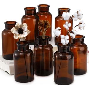 TOPZEA Set of 8 Amber Glass Vase, 17oz Boho Flower Vase Bud Vases Decorative Brown Medicine Glass Bottles Vintage Small Apothecary Jars for Home Dcor, Dining Table, Wedding Centerpiece, Bridal Shower (500ml / 17 ounce)