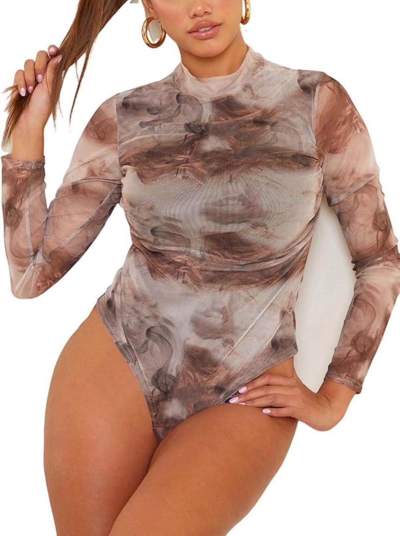 AVZXSA Women's Printed Mesh Long Sleeve Bodysuit, Sexy One Piece with Mock Neck Snap Crotch Leotard Top (Large, Brown Combo)