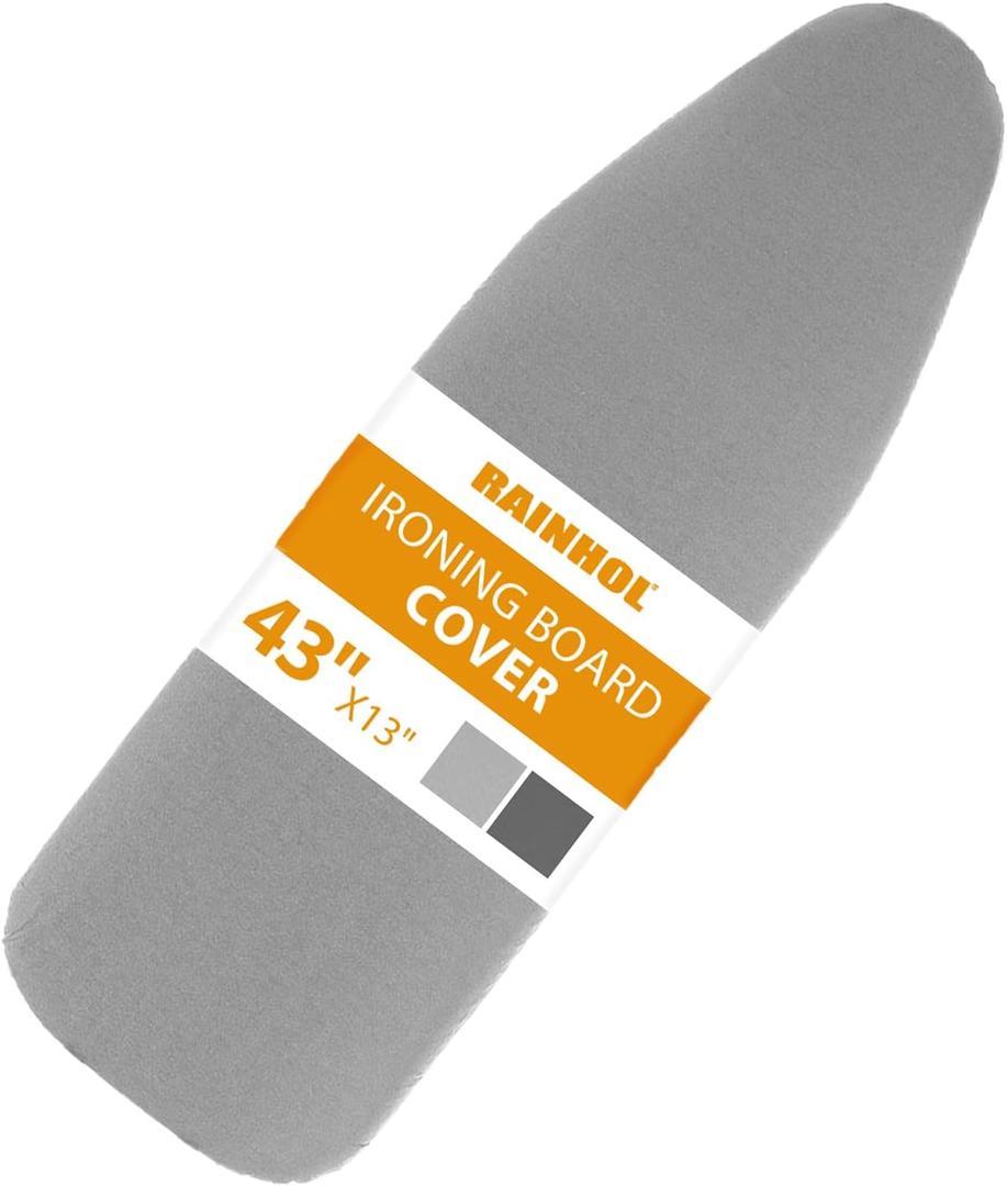 Small Ironing Board Cover 13"x43", RAINHOL Iron Board Replacement Cover and Pad, Thick Felt Padding, Scorch Resistant 100% Cotton, Heat Reflective, Elastic Edge, Grey