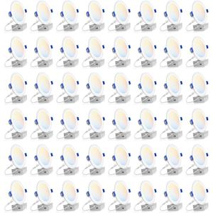 VOLISUN 48 Pack 6 inch Recessed Lighting, 5CCT Ultra-Thin LED Recessed Light with Junction Box, 2700K-5000K Selectable, 1080 Lumen Dimmable Canless Wafer Downlight, LED Ceiling Light ETL Certificated