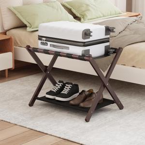 Smuxee Brown Bamboo Luggage Rack for Guest Room, Foldable Suitcase Stand with Storage Shelf, Easily Assembled Luggage Stand with 5 Nylon Straps for Guest Room Bedroom Hotel, 26.38 x 17.72 x 0.98 inches