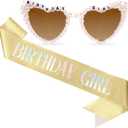 Birthday Sash & Glasses Set, Gold Birthday Sash for Women, Happy Birthday Decorations Outfits Accessories Party Favors Set for Women