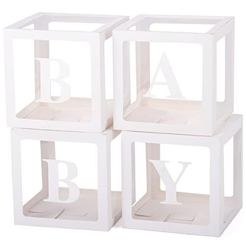 Voircoloria Baby Boxes with Letters for Baby Shower, Gender Reveal Decorations with 4 Transparent Balloon Boxes for Gender Reveal Baby Shower Decorations(White)