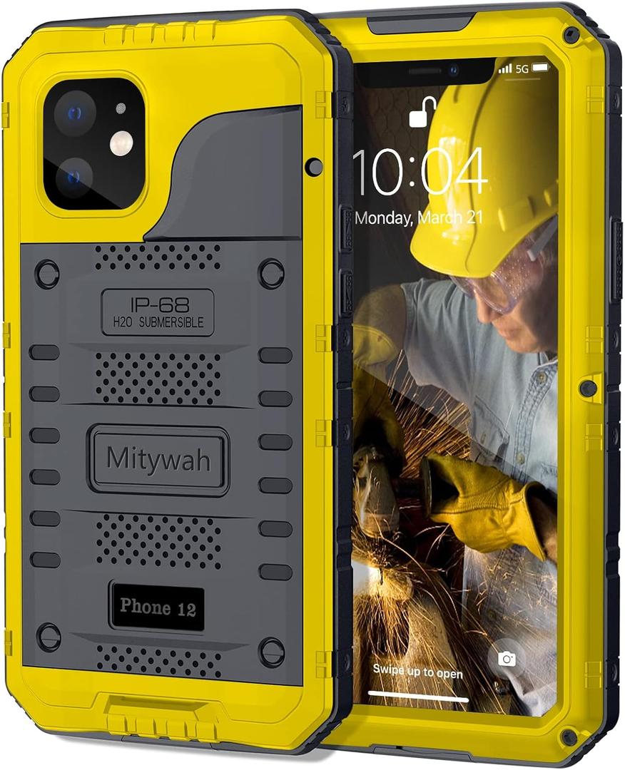Mitywah Waterproof Case for iPhone 12, Heavy Duty Shockproof Case with Built-in Screen Protector, Full Body Underwater Protective Metal Case 6.1 inch, Yellow