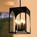 VINLUZ Large Outdoor Indoor Pendant Light 4-Light, Classic Black Finish Metal Chandelier Outside Hanging Fixture Ceiling Mount with Clear Glass Shade for Front Porch Entrance Foyer