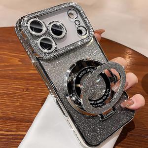 Luxury Bling Diamond Case for iPhone 17 Pro Max 6.9" - Clear Transparent Back with Glitter Card & Sparkling Rhinestones, Magnetic Kickstand, Shockproof Protection - Dazzling Cover for Women, Silver