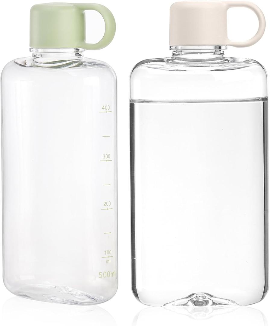 ZEAYEA 2 Pack Portable Flat Water Bottles, 17 oz BPA Free Slim Drinking Bottle, Plastic Travel Water Bottles for Outdoor Sports, Camping, Fitness