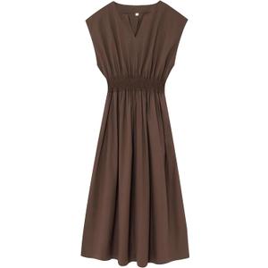 Sleeveless V Neck Midi Dress for Women Casual Summer Solid Smocked Waist A Line Flowy Dresses with Pockets (M)