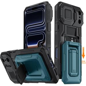 for iPhone 17 Pro Max Case with Semi-Automatic Card Slot (3-4 Cards) RFID Blocking & Kickstand & Camera Lens Cover & Wallet, Heavy Duty Rugged Phone Case (Blue, for iPhone 17 Pro Max, 6.9")