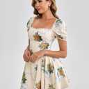 Parthea Women's Floral Square Neck Mini Dress Lace Puff Sleeve Off Shoulder Smocked Flowy A Line Summer Dresses for 2025, Large