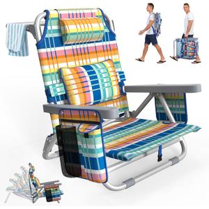 Suteck Beach Chair, Adjustable 5-Position Backpack Beach Chairs for Adults Kids, Foldable Lay Flat Chair with Cooler Bag, Cup Holder and Lumbar Pillow, Reclining Lay Down Chairs for Lawn Outdoor