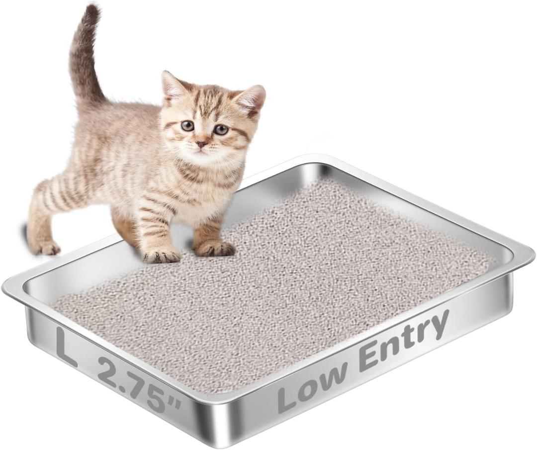 Low Entry Stainless Steel Cat Litter Box for Senior Cats, Metal Shallow Litter Box, Easy Access Kitty Litter Pan Tray, Pet Bathroom Accessories-17.72''Lx 13.78'' W x2.76'' H