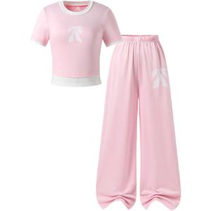 WDIRARA Girl's 2 Piece Cute Outfits Bow Print Short Sleeve T Shirt Crop Top and Baggy Pants Clothing Set Pink 14Y