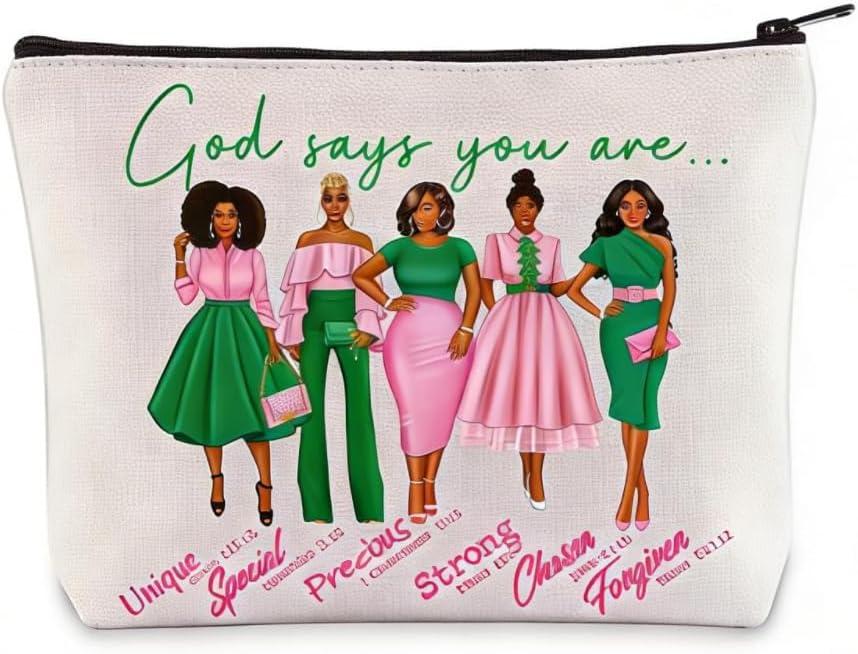 Pink and Green Makeup Bag for Women,Cosmetic Bag with Inspirational Verse,Canvas Travel Toiletry Pouch for Ladies, Stylish Gift for Birthday Christmas