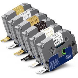 Labelwell 6-Pack Compatible TZe Label Tape 12mm 0.47 Inch Laminated Multi-Color TZ TZe-231 234 335 831 931 MQ835 TZe231 for PT-H110 D200 D210 D220 Label Maker, White/Gold/Sliver/Black