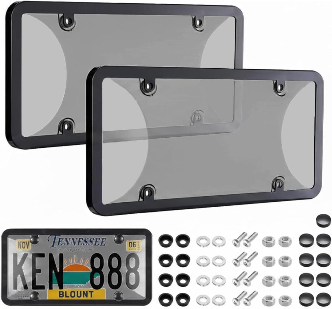 License Plate Protector 2PCS, Clear License Plate Cover & Frames, Rust-Proof Auto Car License Plate Covers and Frames Holder with Screws & Caps, Universal Tag Cover for License Plate (Black)