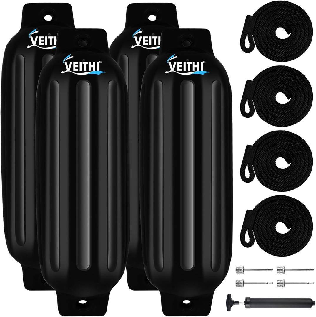 4.5/5.5/6.5/8.5/10/16 inch Boat Fenders 4 Pack,Ribbed Twin Eyes Vinyl Boat Bumpers Fenders,Boat Bumpers for Docking Come with Ropes Needles and Pump to Inflate (Black)