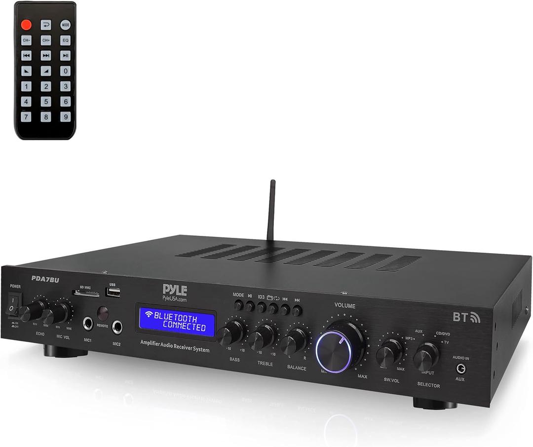 Pyle 5-Channel Rack Mount Bluetooth Receiver & Home Theater Amp - 200W Speaker Amplifier with MP3/USB/SD/AUX/FM - Digital ID3 LCD Display - Wireless Streaming - Built-In Microphone Input - PDA7BU