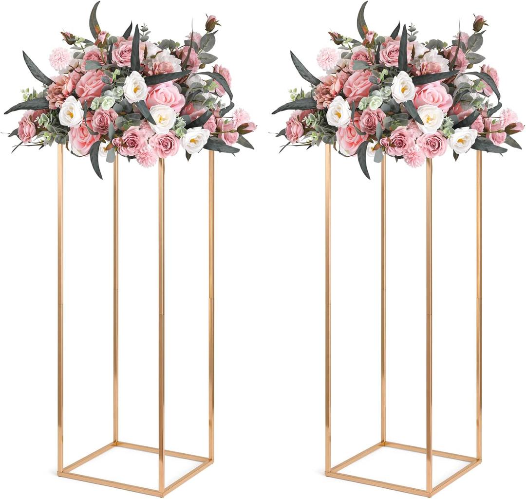 Gold Wedding Flower Stands, Set of 2 Metal Vases Column Geometric Wedding Table Display Centerpieces 31 inches Tall Floral Decoration Holders for Wedding Party Decor