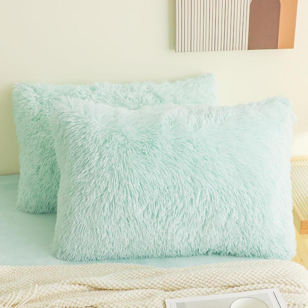 Faux Fur Fluffy Fuzzy Plush Mint Green Pillow Case Set of 2, Soft Decorative Pillow Covers for Bed, Bedroom, Living Room, Zipper Closure, Standard Size (20"x26", Mint Green)