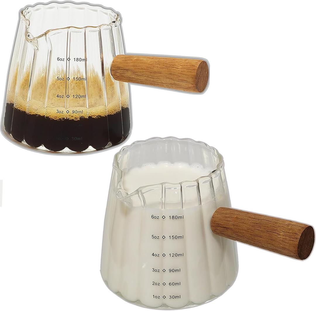 2-Pack Espresso Cups With Wood Handle 6oz, Espresso Accessories, Milk Frothing Pitcher, Glass Measuring Cup, Shot Glass