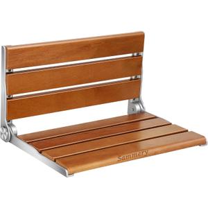 18" Teak Folding Shower Seat Wall Mounted,Fold Down Shower Bench for Small Shower Space, Home Care Teak Wood Stool for Inside Shower,Pregnants-Maximum Load 400lb (Yellow&Silver)