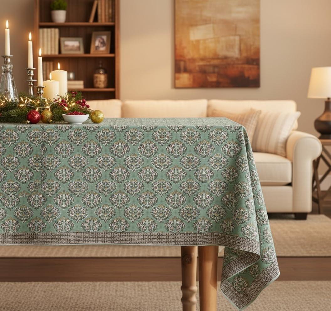 Ella Light Green Cotton Tablecloth 60" x84 Rectangular Block Print Holiday Table Cover Floral Cotton Tablecloth for Kitchen or Dining Room, 1 Pc