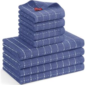 Mordimy 100% Cotton Terrycloth Kitchen Towels and Dishcloths Sets, Soft and Absorbent Checkered Dish Towels, Quick Drying Dish Rags for Washing Dishes, 4 Pack 16" x 26" & 4 Pack 12" x 12", Navy Blue, Small