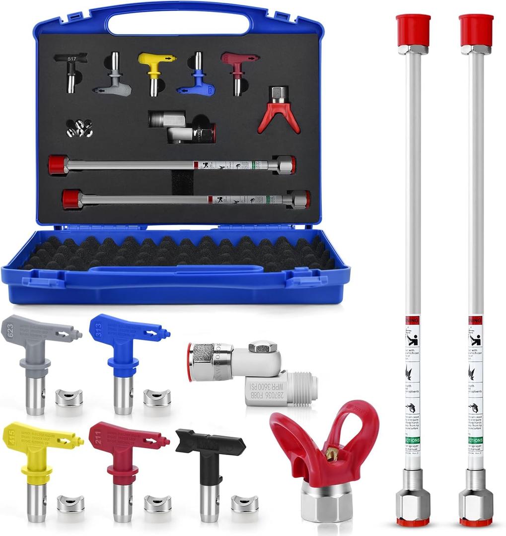 9PCS Airless Paint Sprayer Accessory Set with 5Pcs Reversible Airless Spray Tips,2Pcs Extension Rod, Nozzle Tip Guards and Airless Paint Spray Gun Swivel Joint