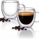 Double Wall Insulated Espresso Shot Cups 5.4 OZ Set of 2, Small Clear Borosilicate Glass Demitasse Coffee Mugs with Handles