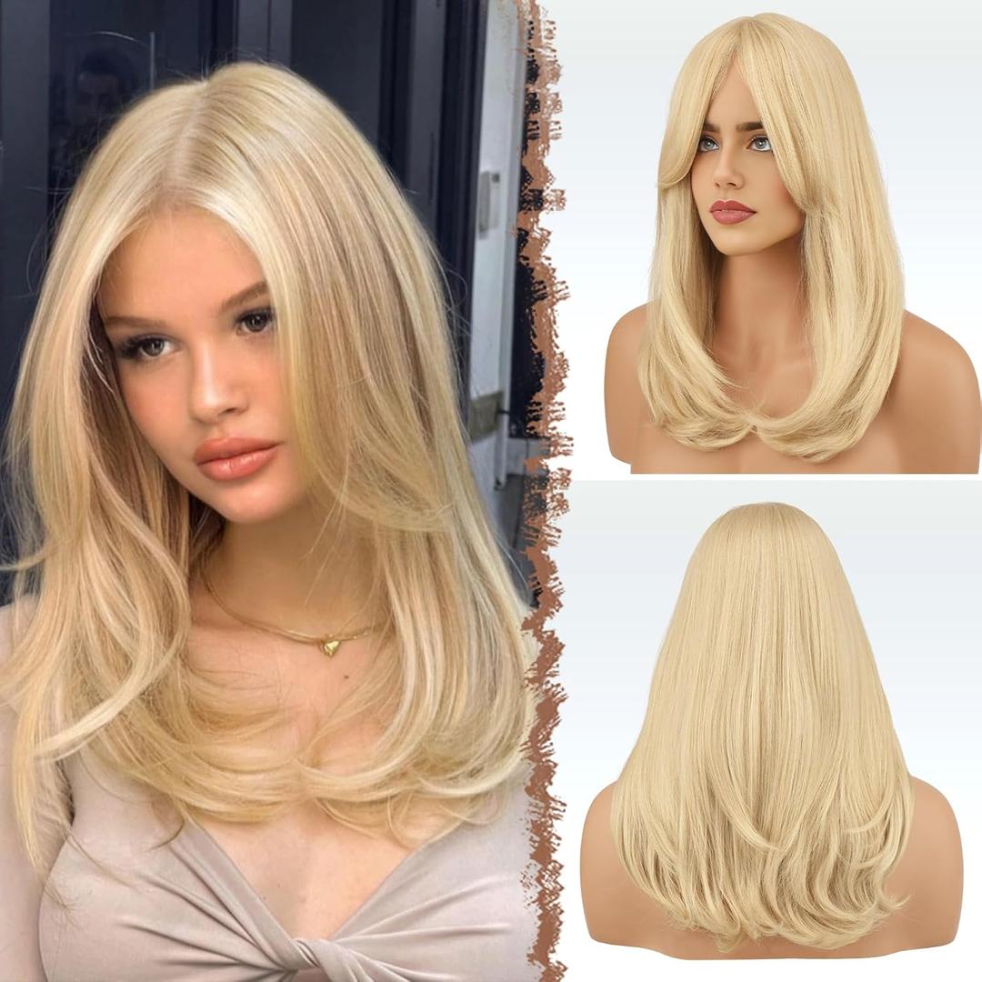 FESHFEN Blonde Wigs with Bangs - Long Layered Straight Light Blonde Natural Looking Synthetic Hair Wig for Women Daily Party Use, 18 inch