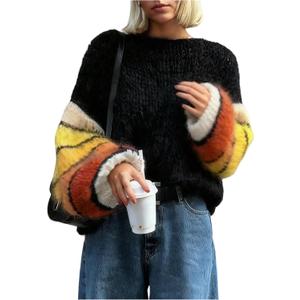 RoseSeek Women's Color Block Striped Chunky Sweaters Crew Neck Long Sleeve Fuzzy Jumper Tops (Black, L)